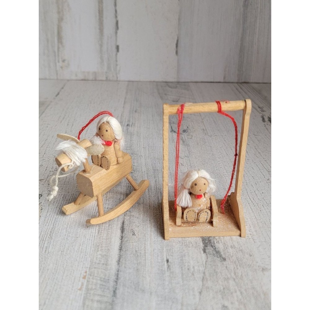 Vintage Mini girl swing‎ rocking horse ornament Xmas figure set wooden